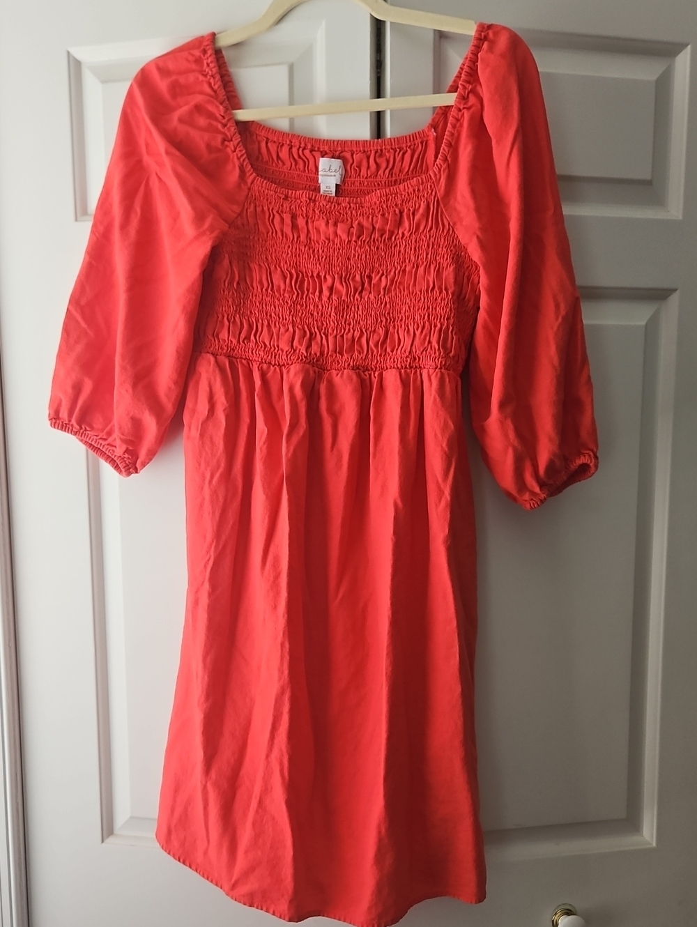 Maternity Coral Smocked Puff-Sleeve Dress
